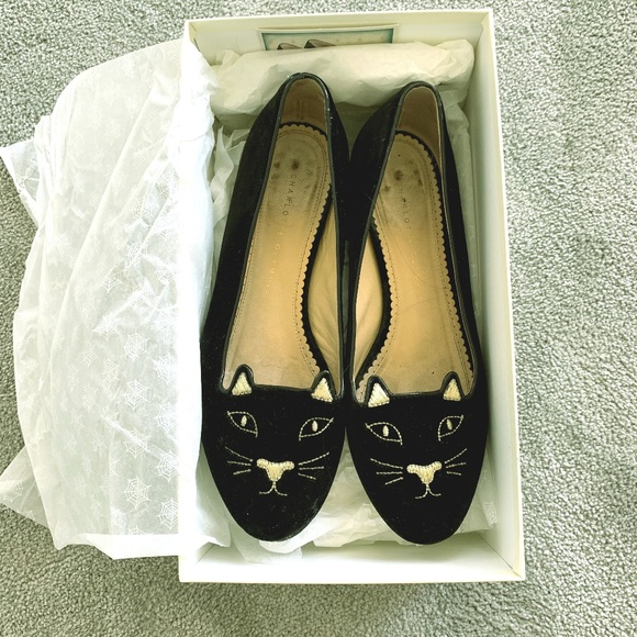 Charlotte Olympia Shoes - Charlotte Olympia Kitty Flats Black and Gold